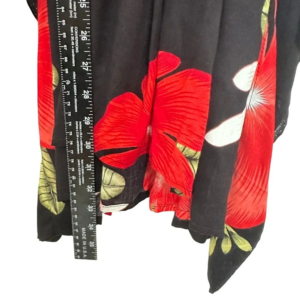 Thai Floral Kaftan Swimsuit Cover Up Black Red Hibiscus Smocked Waist One Size